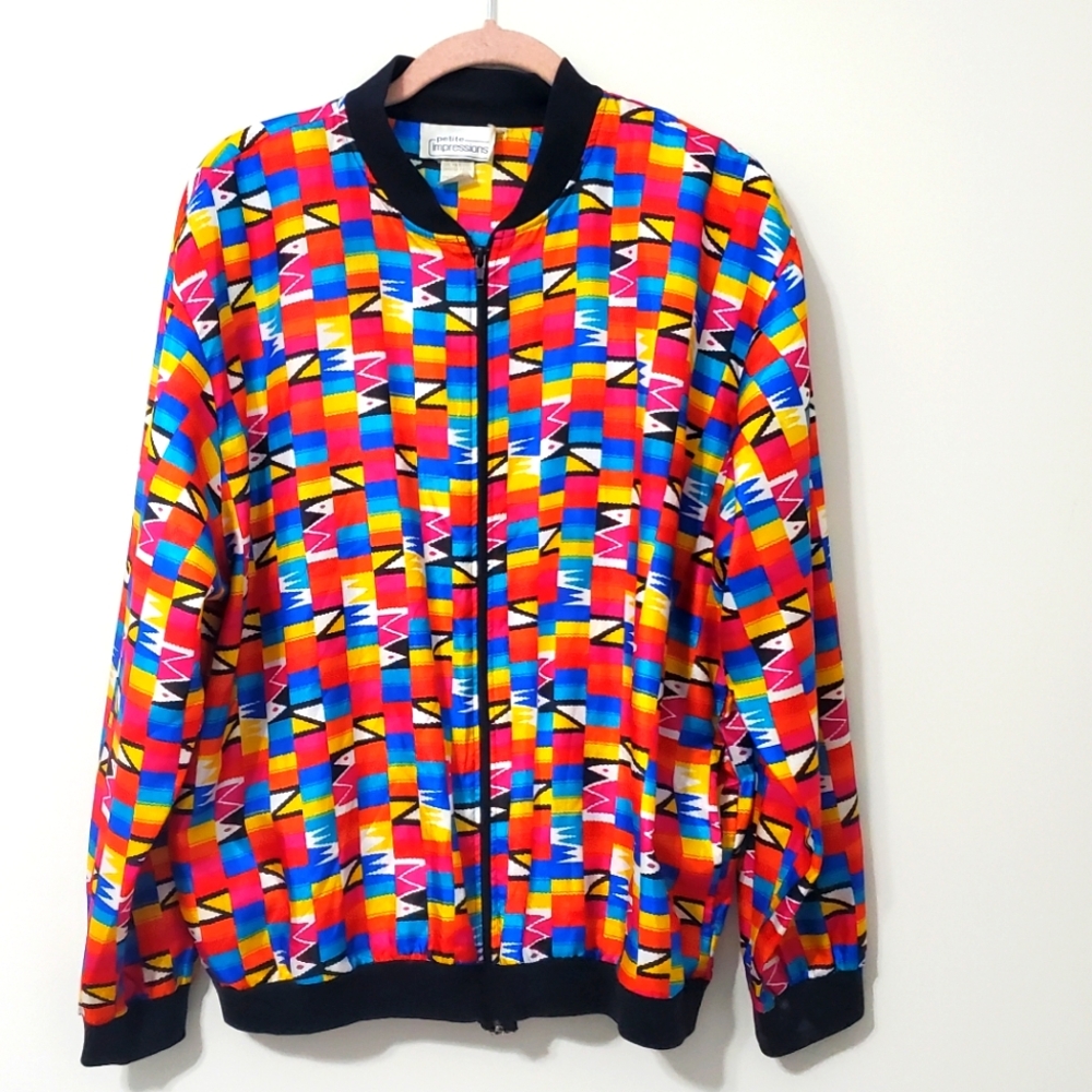 Impressions Vintage Colorful Geometric Print Bomber Jacket Womens Size 12